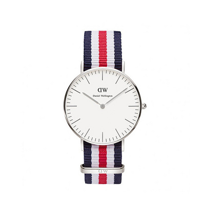 瑞典丹尼爾惠靈頓Daniel Wellington經典銀色表殼 紅白藍相間尼龍表帶  DW女士手表 36mm 時尚簡約情侶表女款 0606DW 