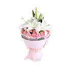 鮮花/愛的祝福 2支白色多頭香水百合+19朵粉色康乃馨+黃鶯